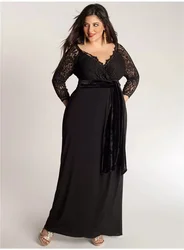 Elegant A-Line Plus Size Special Occasion Lace Top Sash Off-Shoulder V-Neck 3/4 Long Sleeve Ankle-Length Ladies Formal Prom Gown