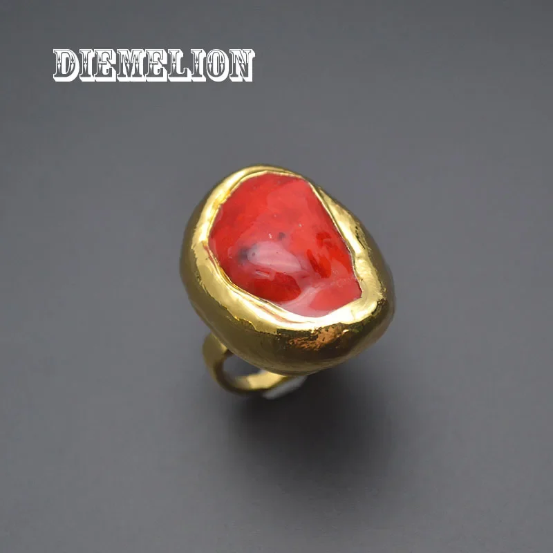 24K Gold Plated Bige Size Natural Irregular Red Coral Rings for Men Woman Open Adjustable Large Ring Luxury Fine Jewelry