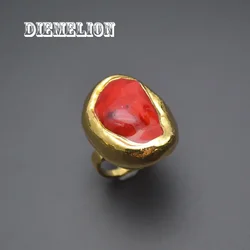 24K Gold Plated Bige Size Natural Irregular Red Coral Rings for Men Woman Open Adjustable Large Ring Luxury Fine Jewelry