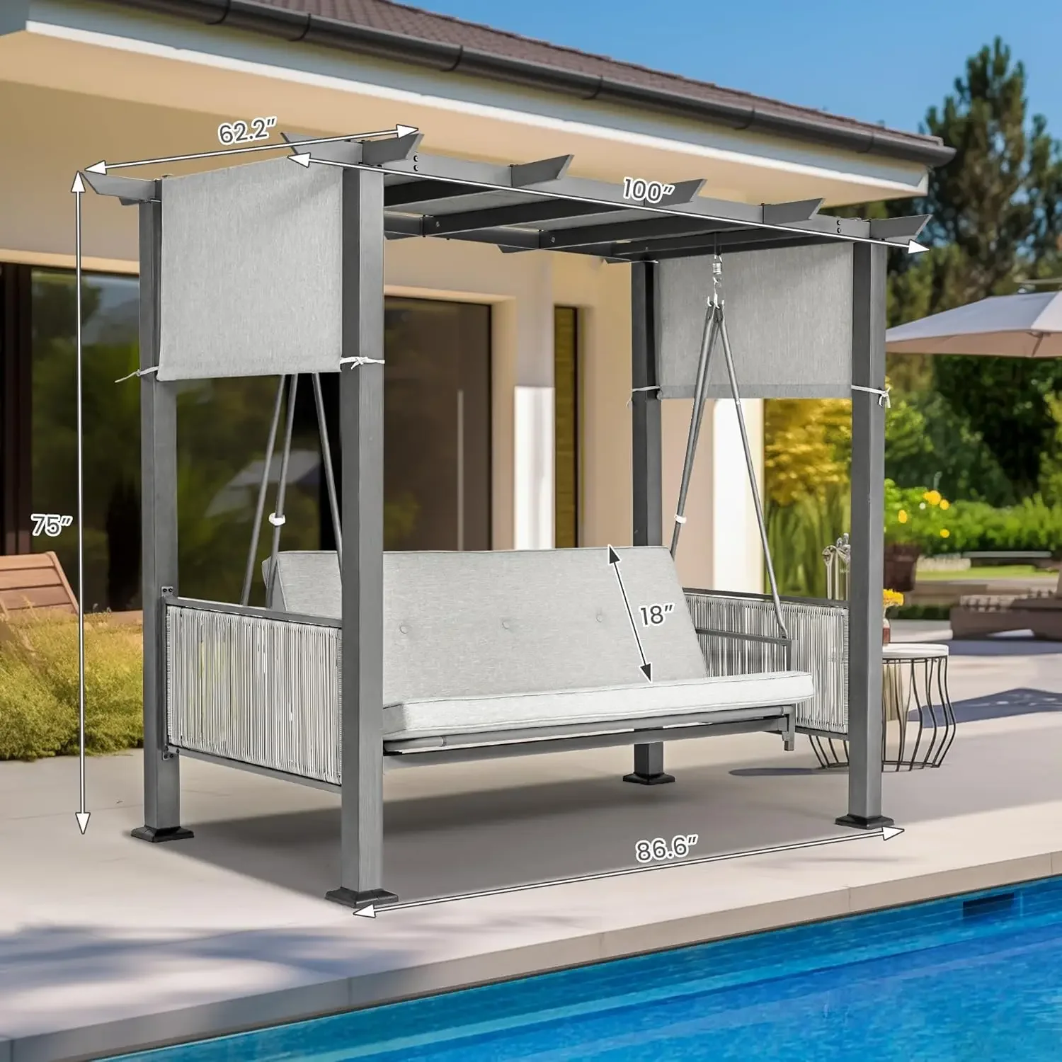 

3-Seat Patio Swing Chair,Outdoor Patio Swing Bed with Adjustable Curtains,Porch Swing Bed for Balconies