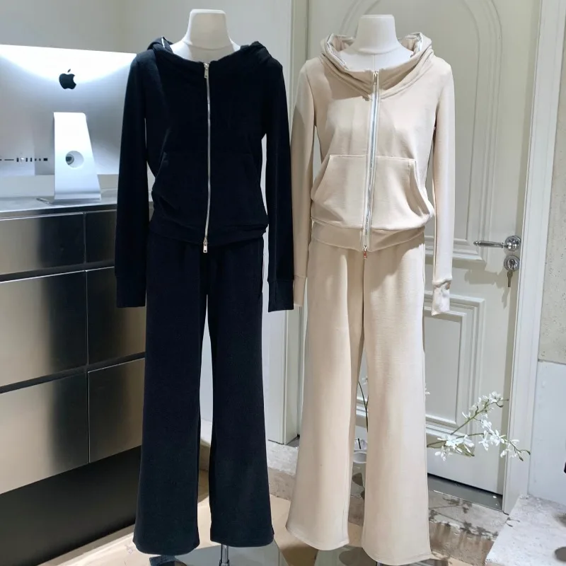 

Весенняя корейская модная женская одежда, облегающие сексуальные короткие толстовки с капюшоном, пальто, расклешенные брюки с высокой талией, повседневные комплекты из двух предметов, женская одежда