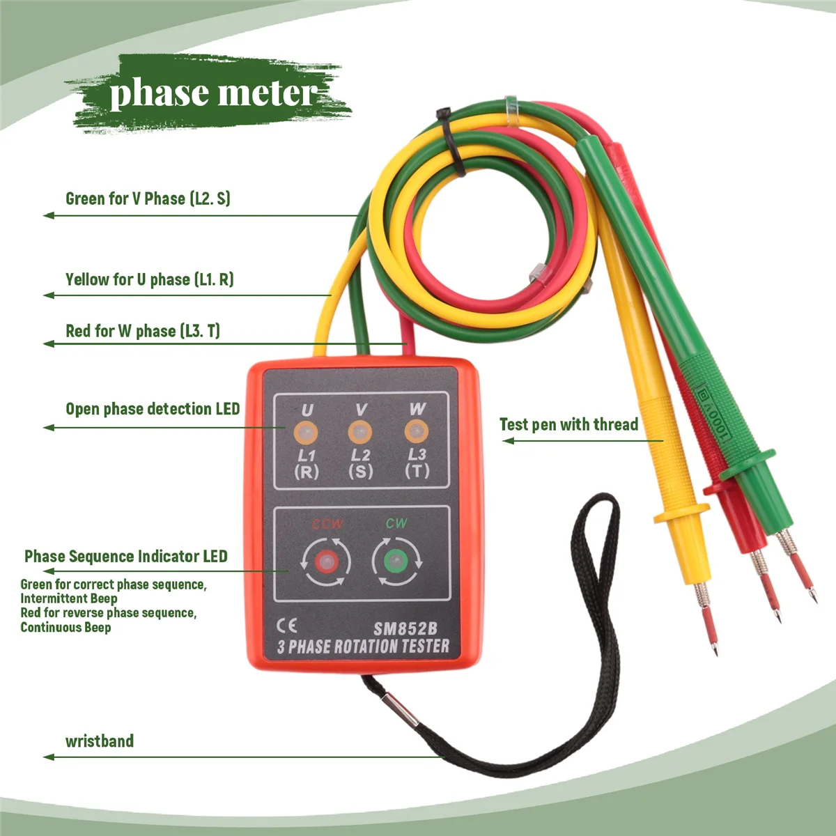 

(Limited Offer)New 3 Phase Sequence Rotation Tester Indicator Detector Meter LED Buzzer with Portable Pouch TD-LED02