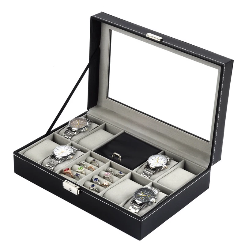 8 Slot PU Leather Watch Box Stand With Mirror Lock Jewelry Display Case Gift Protable Travel Watch Holder Organizer Storage