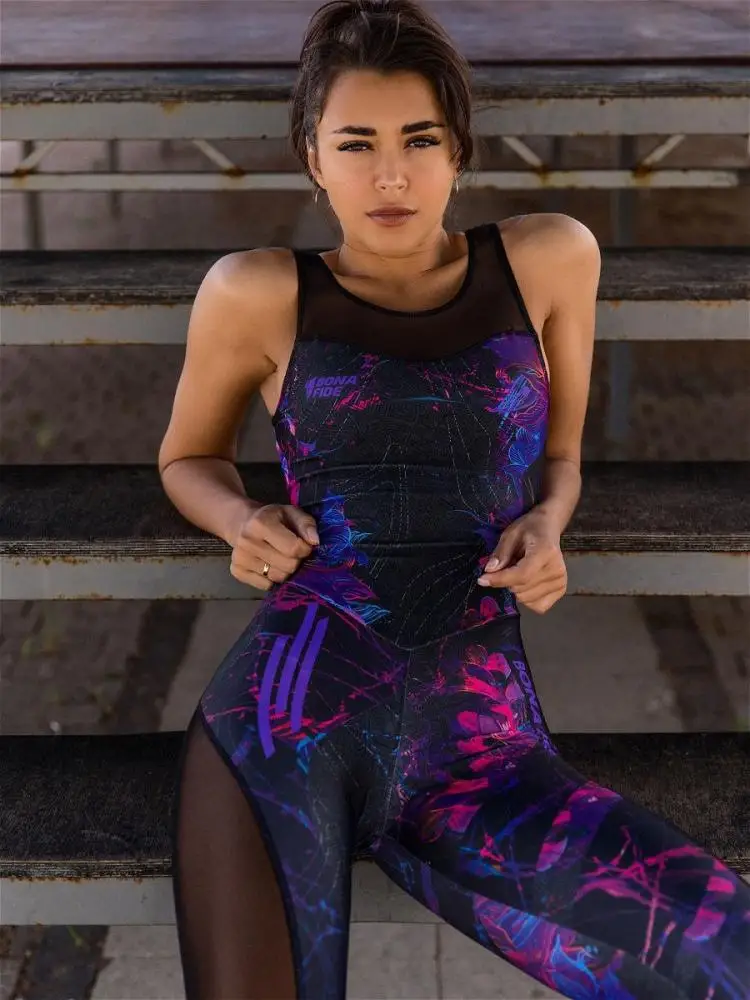 Oshoplive 2024 New Summer Sleeveless Back Cutout Fitness Yoga Jumpsuit Women Fashion Mesh See-Through Printed Running Jump Suits