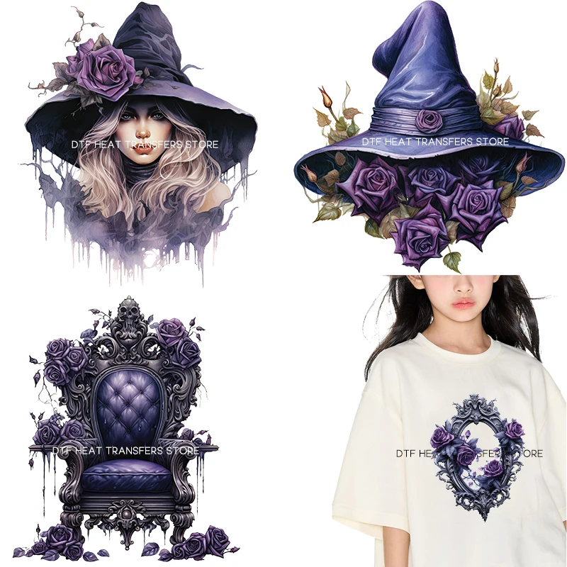 Vintage Purple Gothic Witch Rose Iron On Patch Heat Transfer On Clothes dtf transfers ready to press patches for clothing