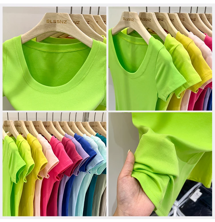 2026 Sexy Quadratischer Ausschnitt Slim T-Shirt Damen Baumwolle Elastisch Basic Einfarbig Lässige Oberteile Kurzarm Dünne T-Shirts Transparent – Detail 2