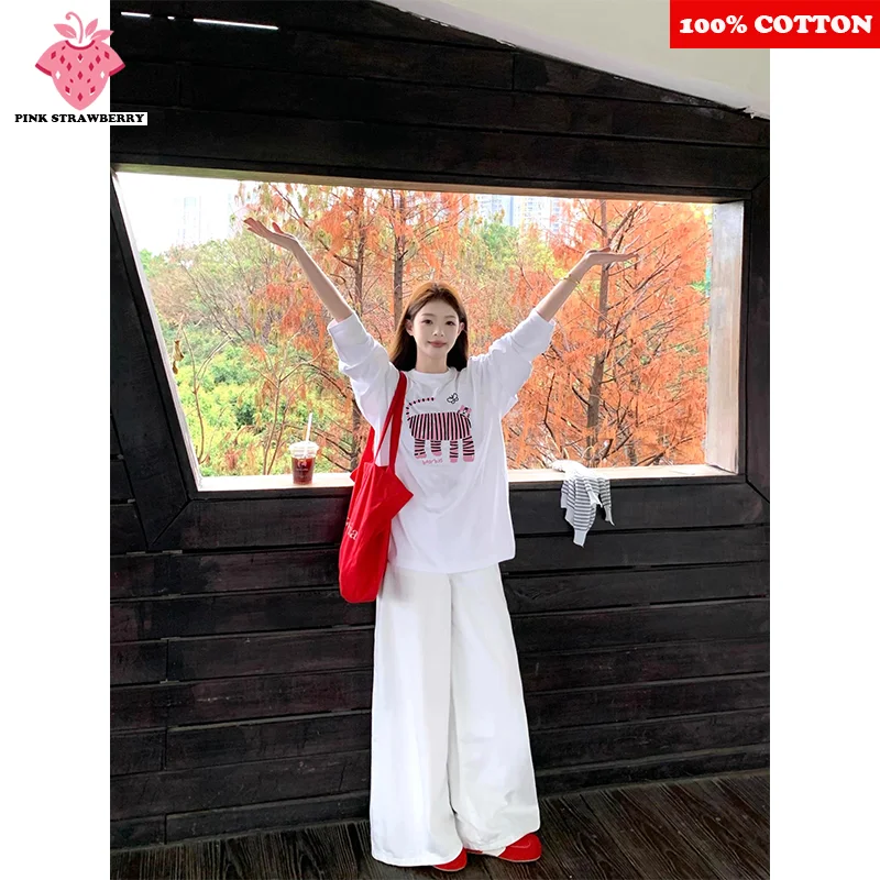 

100% Cotton White Long sleeved T-shirt Women Autumn 2025 New Korean style Round neck T-shirt Loose Casual Y2k Top kawaii clothes