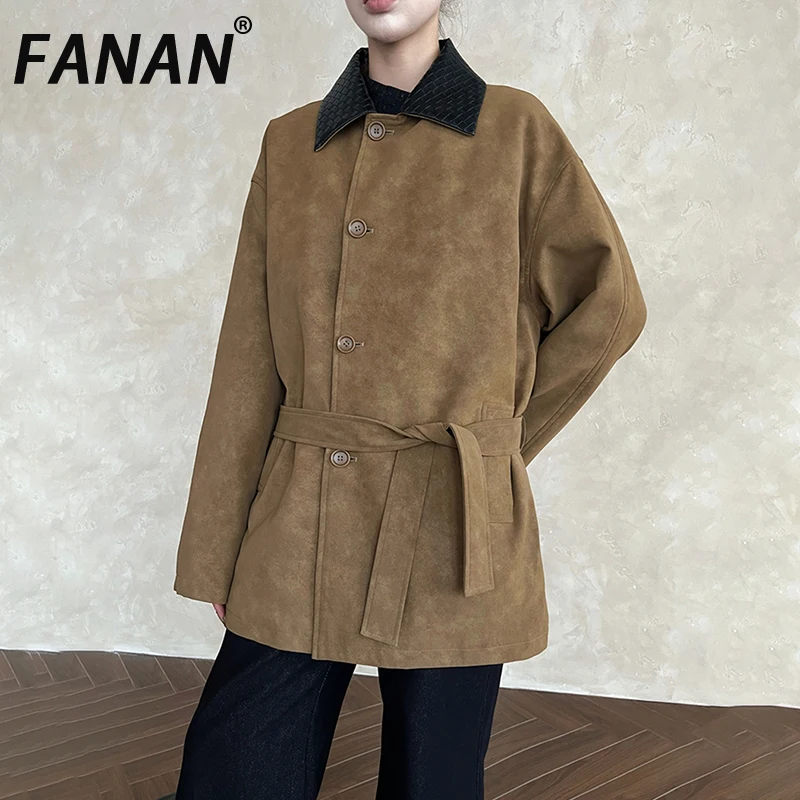 

FANAN винтажные куртки для женщин, однобортный ремень с лацканами, элегантная верхняя одежда средней длины, модные пальто, новинка осени