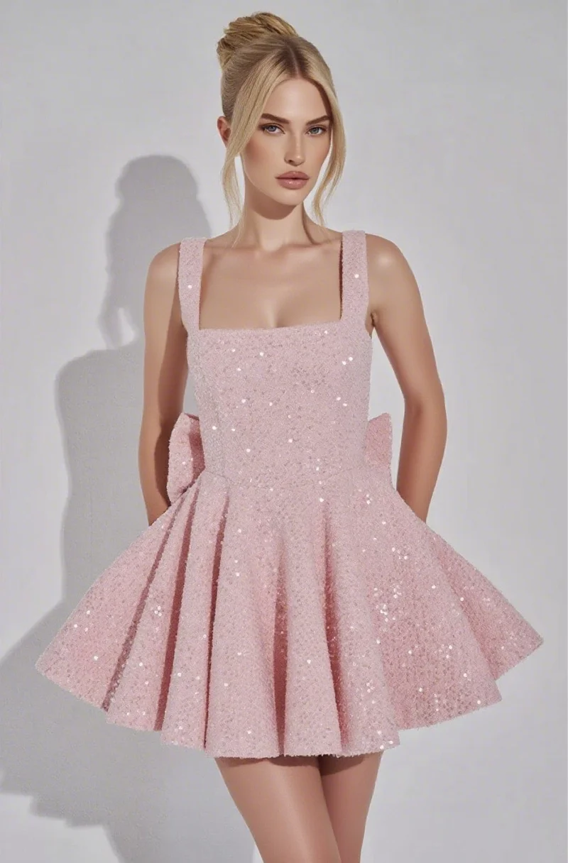 2025 Women's Sequin Glitter Bow Backless Mini Dress-Square Collar/Spaghetti Strap, Sleeveless, High Waist, For Party And Club
