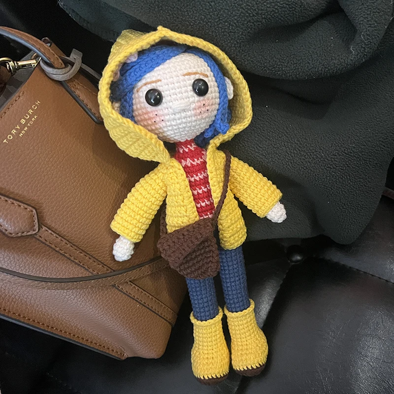 Knitting Dolls Kid Colin girl with blue hair and Yellow coat Birthday Gift Soft Cotton Toys Handmade Knitted Toy (finished produ