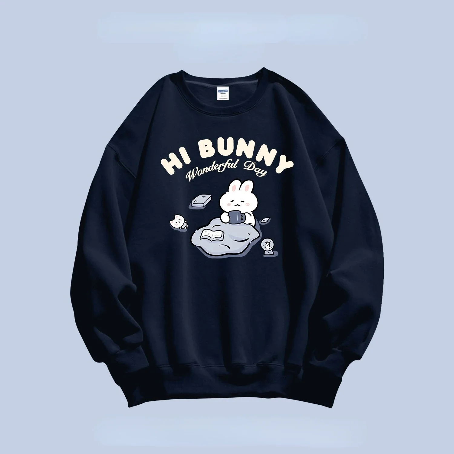 

Korean Cartoon Rabbit Printed Pure Cotton Round Neck Sweater for Men and Women Oversize Autumn Loose Casual Long Sleeved Jacket