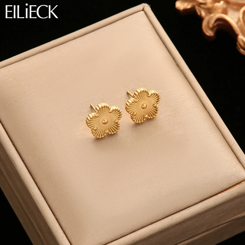 EILIECK 316L Stainless Steel Gold Color 5-Leaf Flower Stud Earrings For Women Personality Fashion Clover Ear Jewelry Girls Gift