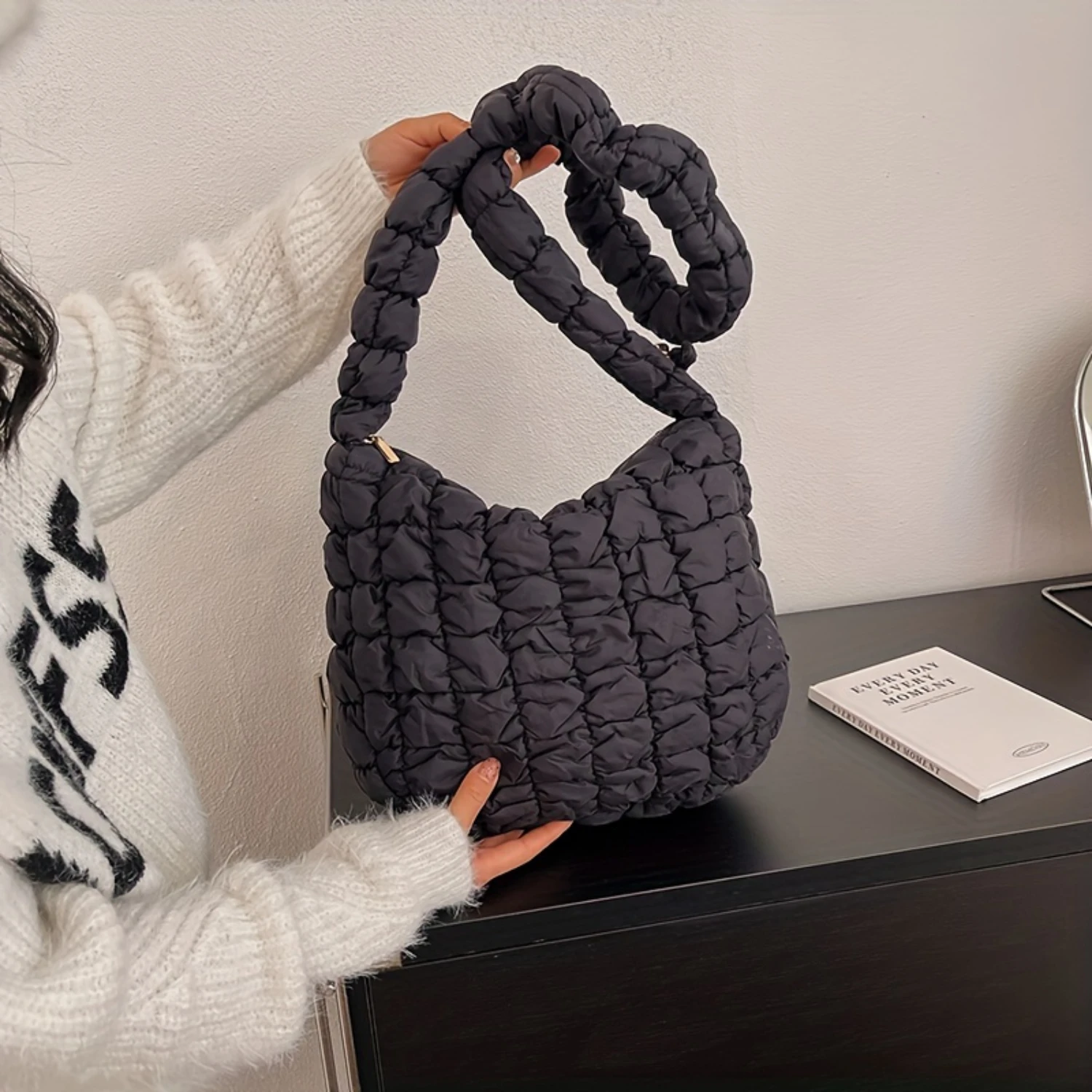 Puffer Quilted Crossbody Bag, Lightweight Ruched Shoulder Bag, Cloud Padded Hobo Bag For Women