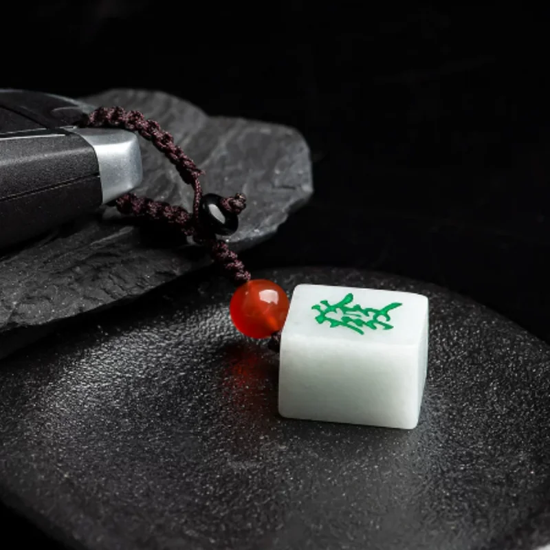 Chinese Style Woven Mahjong Fortune Bag Charm - Natural Jade Car Keychain Accessories, Phone Bag Ornament