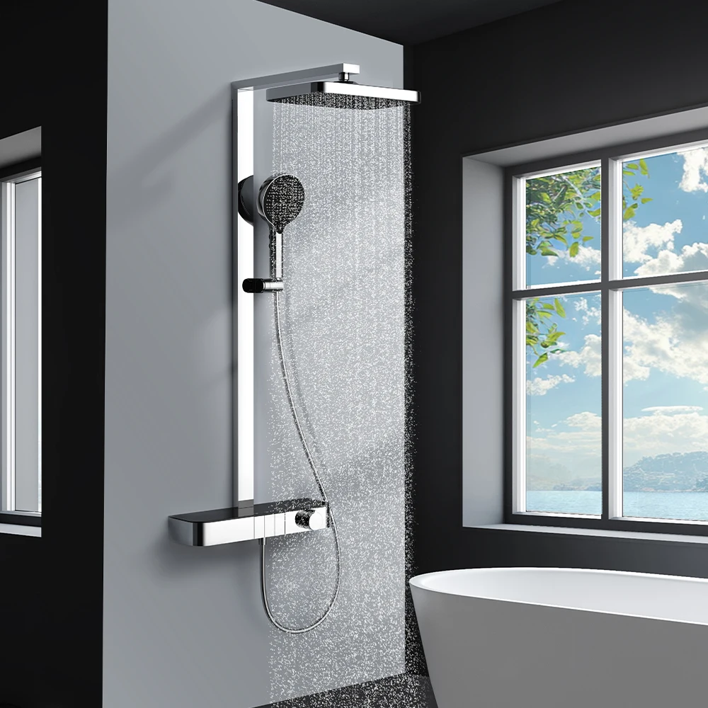 

SKOWLL Luxury Exposed Shower System, Dual Function Rain & Handheld Shower Head, 3-Mode Button Control Modern Bathroom Fixtures