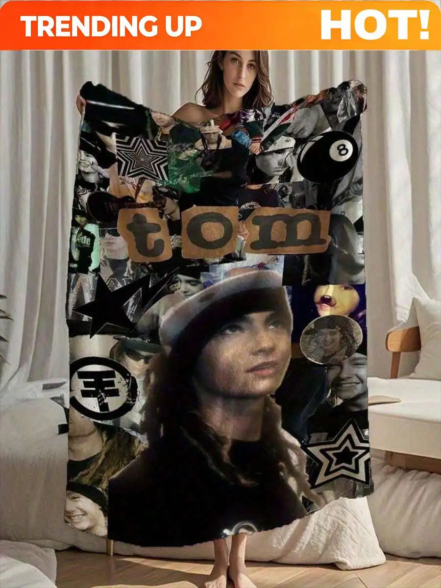 Customize 1 Tom Kaulitz Sticker Printed Flannel Blanket - Vintage Style Hypoallergenic Polyester Blanket With Printed Pattern -