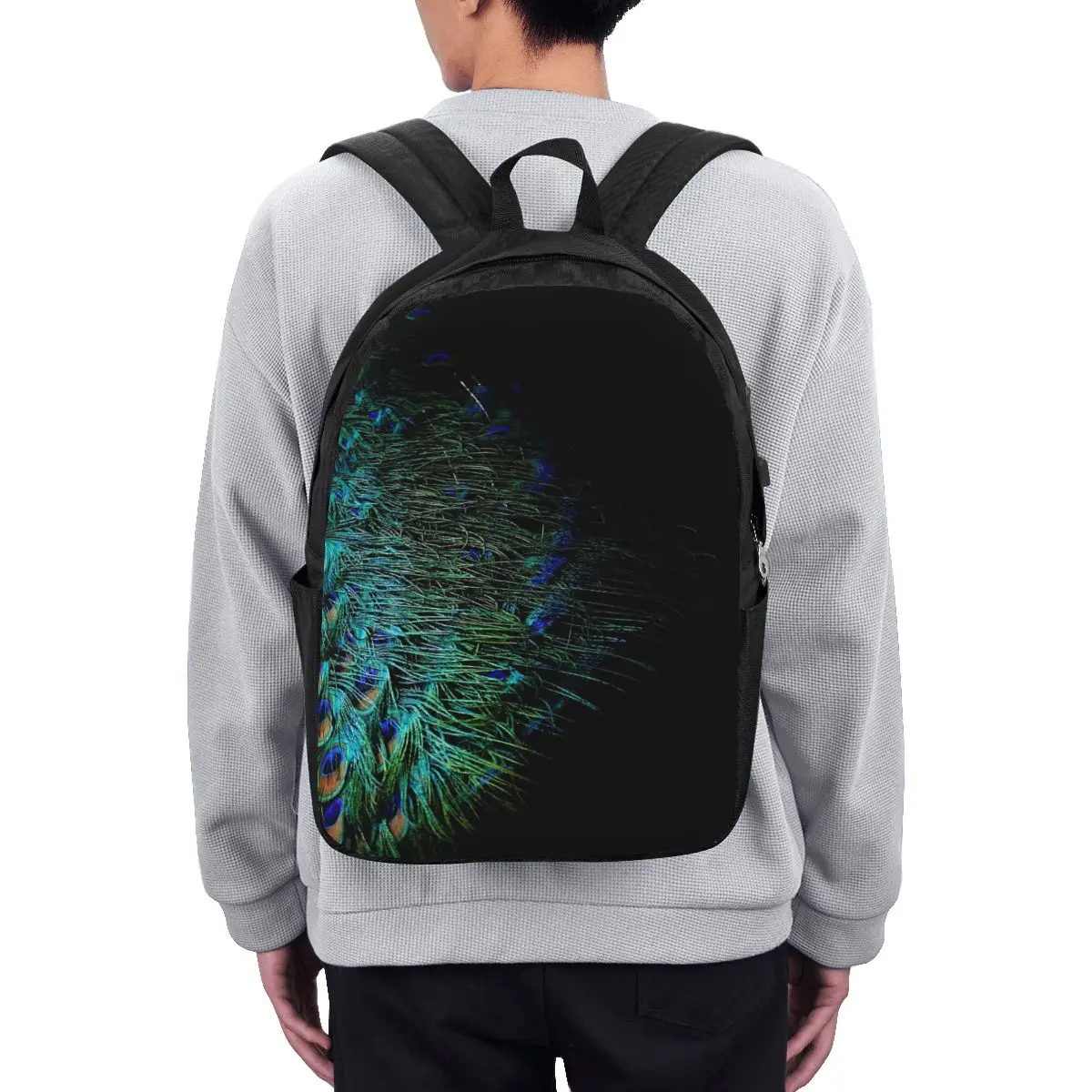 Peacock Feathers On A Black Background Backpack Travel Notebook Bag Computer College Student School Bag Laptop Shoulder Bags view 2