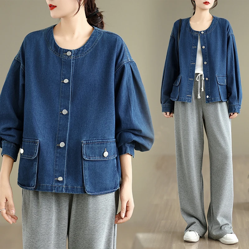 

High-End Women's Denim irt Jaet Stand Collar Long Sve Spring Autumn New Sle Commute Sle Artistic Other Material