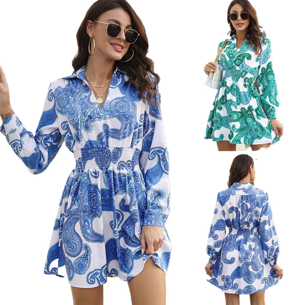 

Ladies Vintage Print Spring Autumn Dress Women Casual Lapel Streetwear Office Lady Women Mini Dress Female Elegant Vestidos