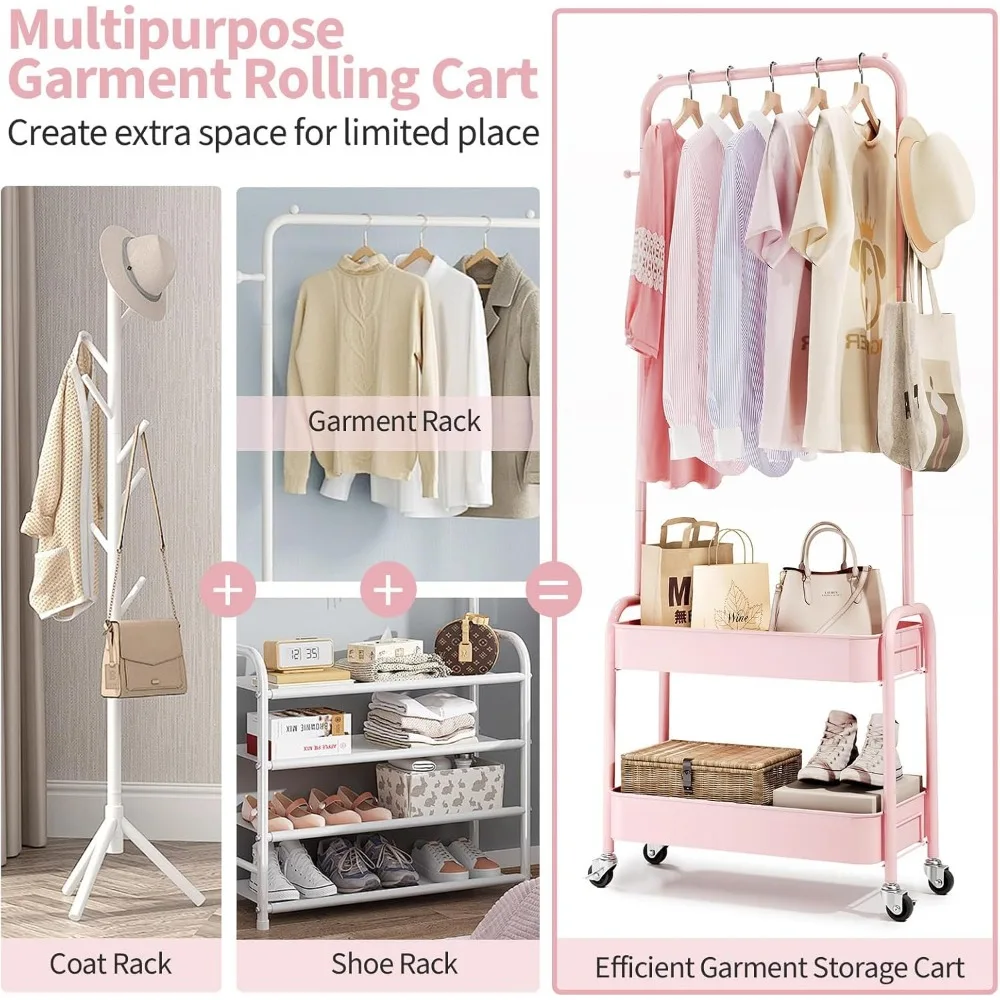 ราวแขวนเสื้อผ้าเด็กแบบพกพาพร้อมตะกร้าโลหะและที่เก็บของแบบมีล้อสำหรับตู้เสื้อผ้าเด็ก