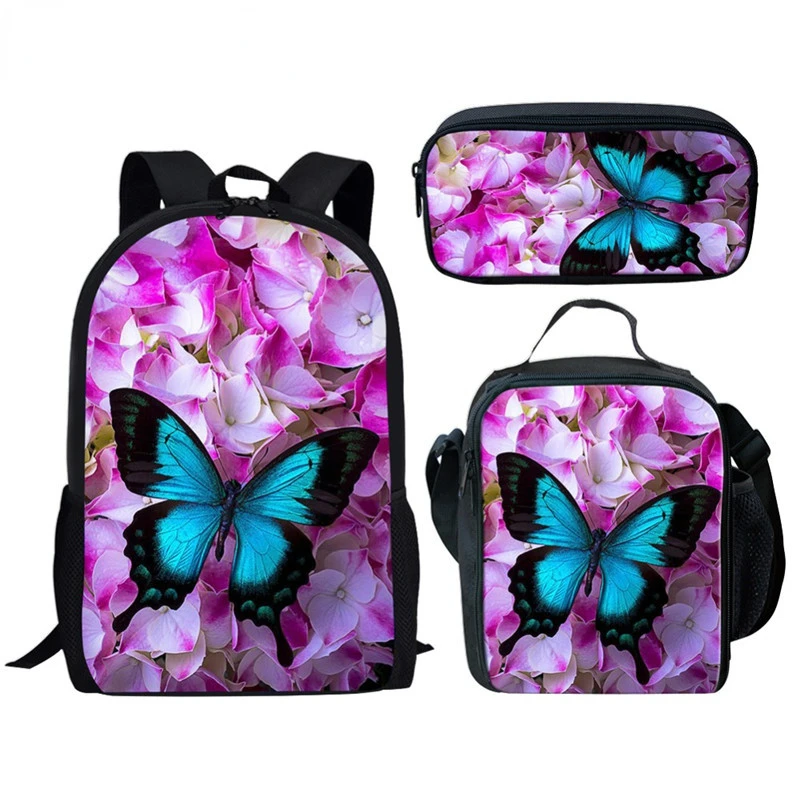 Classic Popular Novelty Funny Butterfly 3D Print 3pcs/Set pupil School Bags Laptop Daypack Backpack Lunch bag Pencil Case