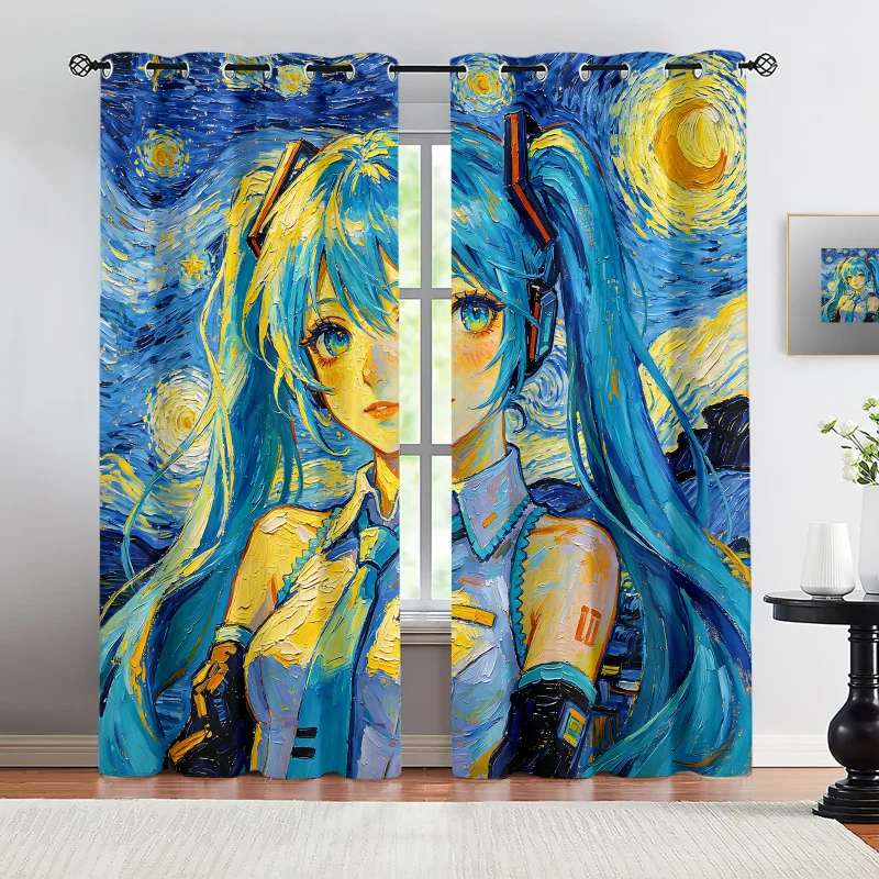 

2 шт. шторы блэкаут «Звездная ночь» в стиле Ван Гога с изображением Хатсуне Мику, аниме-декор для комнаты фанатов, подарок для любителей искусства