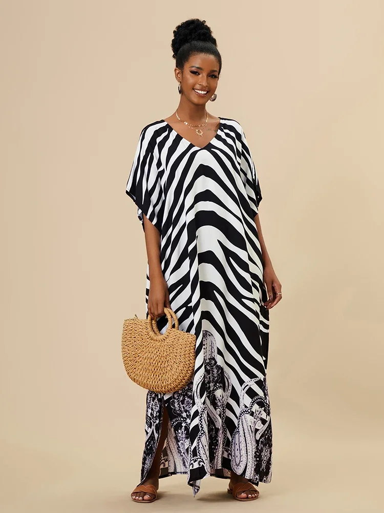 Bohemian Black Striped Maxi Dress Rayon V Neck Katan Long Dress Swimsuit Cover Up Oversize Women Robe Plage Pareos Dress Tunics