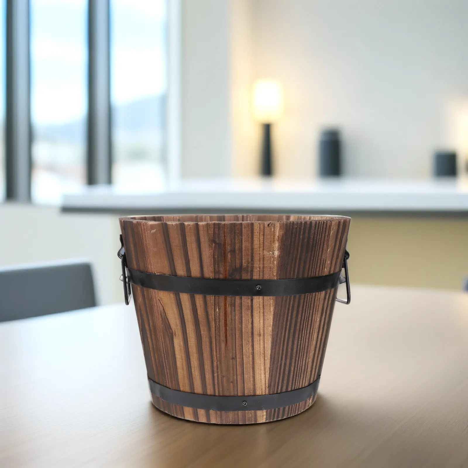 Wooden Round Barrel Planter Large Brown Eco Friendly Flower Pot Home Office Garden Decoration Rustic Wood Bucket Planter view 4