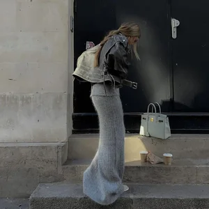 Lygens-المرأة عالية الخصر مرونة محبوك تنورة أنيقة Bodycon أحادية اللون أناقة الشارع أزياء كورية ملابس الشتاء بالجملة أفضل 12 ملابس كورية مبيعا بالجملة - رقم 12