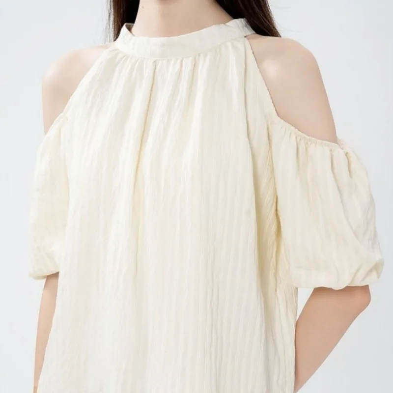 Off Shoulder Blouses Women Summer Secy Spicy Girls Hollow Out O-neck Halter Short Sleeve Pleated Fashion Trendy Korean Fashion