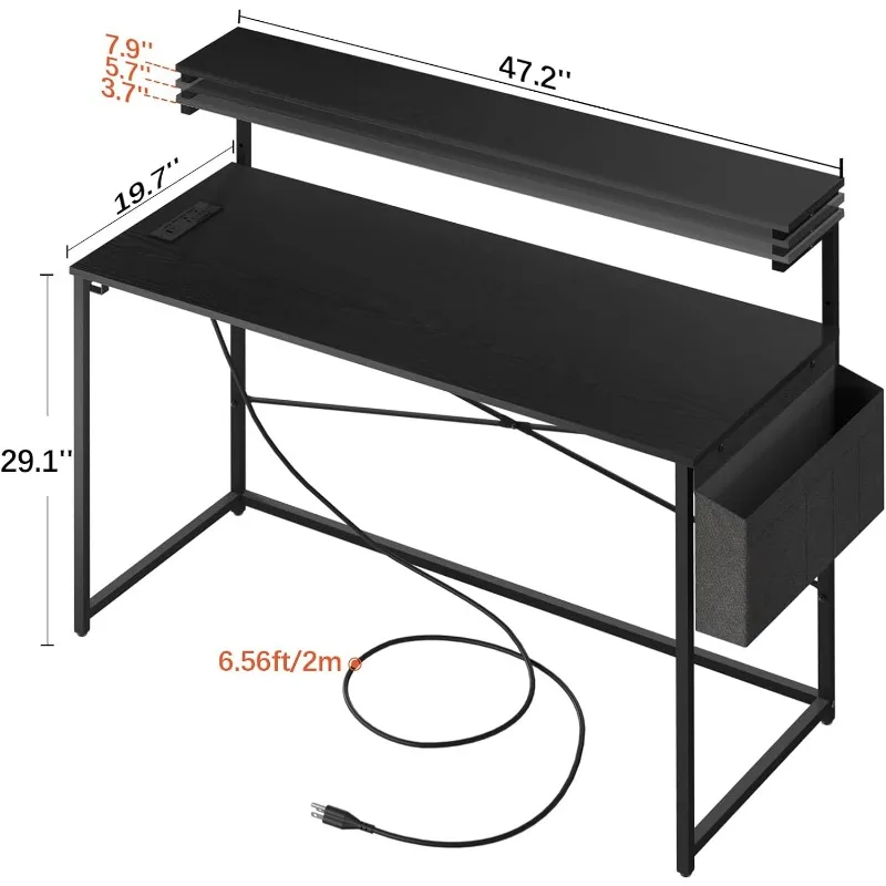 

Yoobure Computer Desk with LED Lights, Adjustable Monitor Stand, Power Outlets, and Storage - 47" Home Office Desk