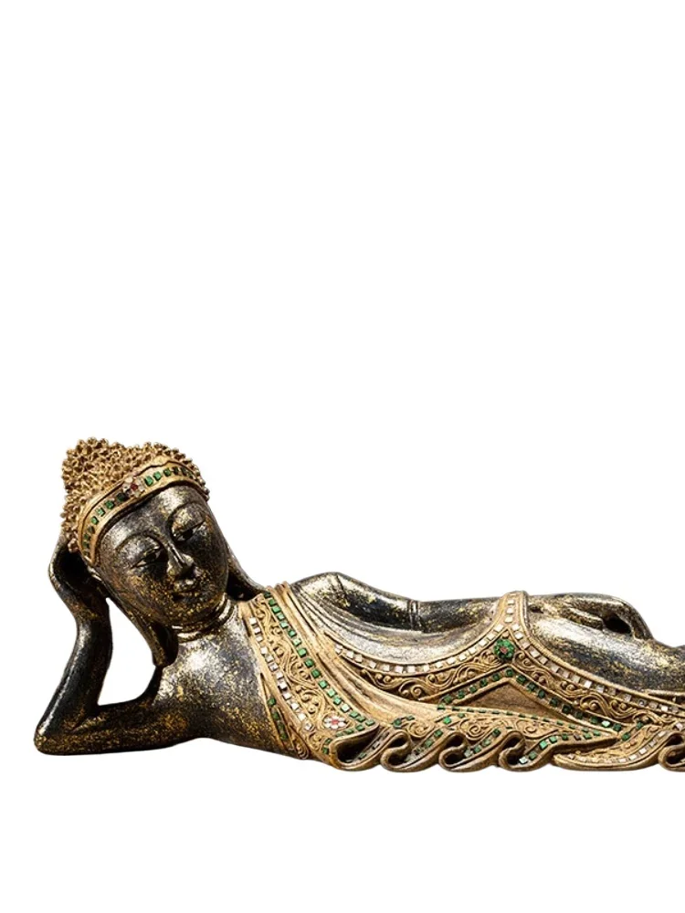 Thai-Style Solid Wood Carving Sleeping Buddha Sleeping Buddha Ornaments Thai Wood Carving Sakyamuni Buddha Statue