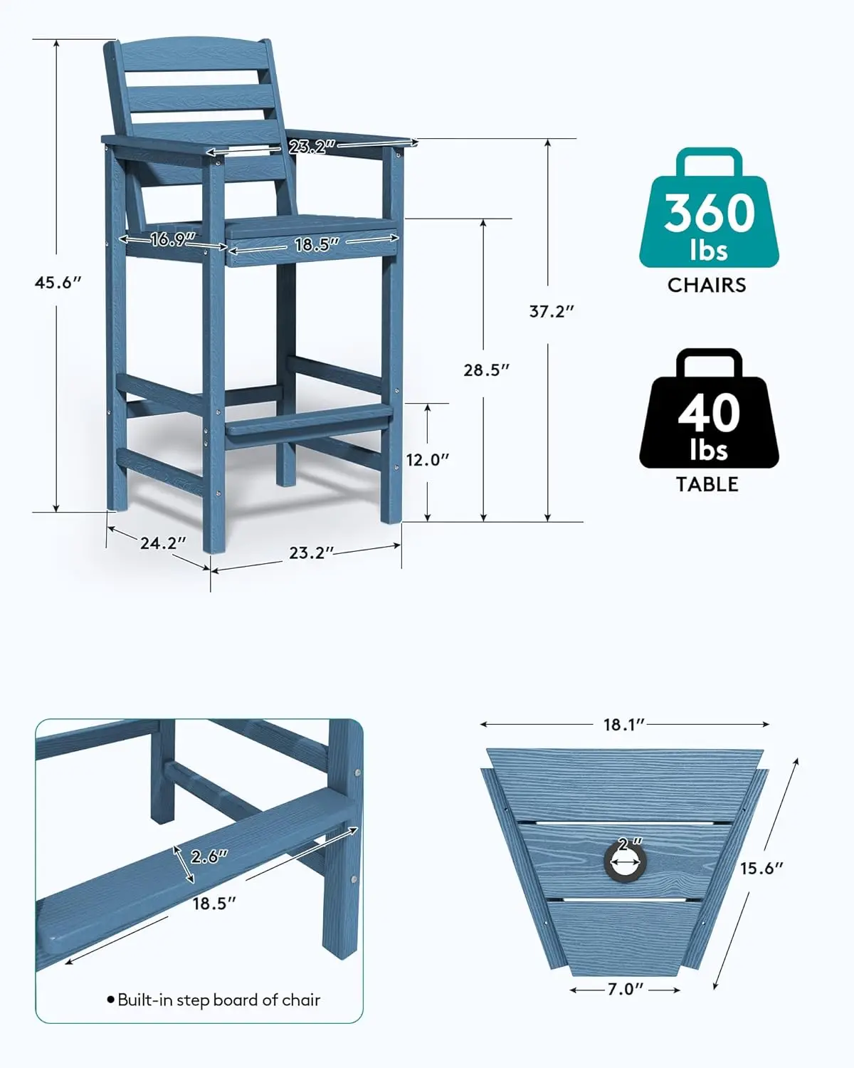 Ensemble de 2 chaises avec table de connexion, bleu