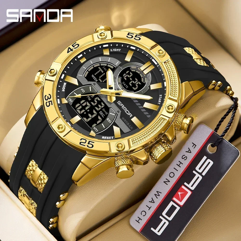 Sanda 2025 New Dual Screen Men's Digital Watch Nightlight Waterproof Multifunctional Popular Men's Alarm Clock Wristwatch