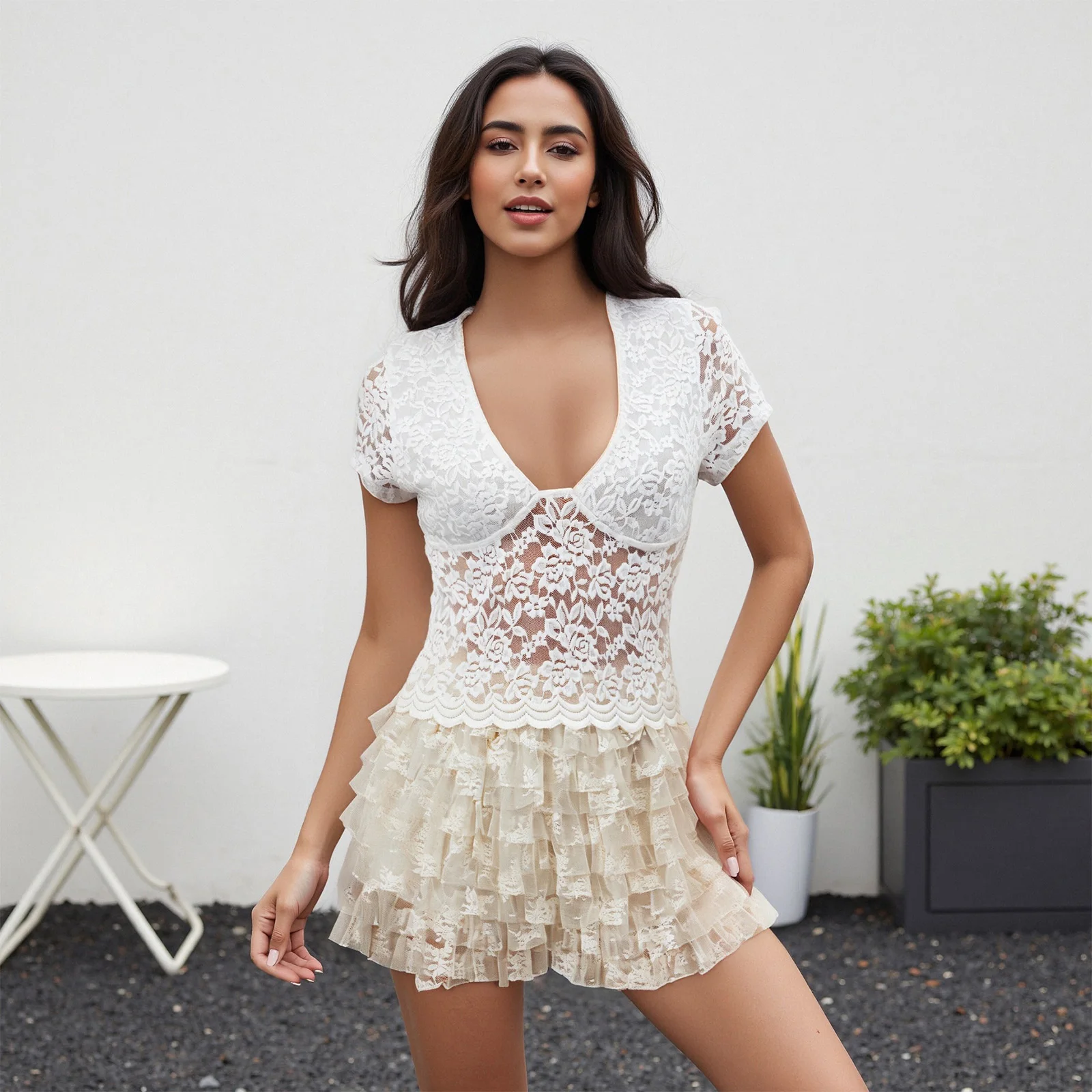 

Women's Summer Solid Color Lace Crop Tops Short Sleeve Deep V-Neck Sheer Mesh Slim T-Shirts Clubwear