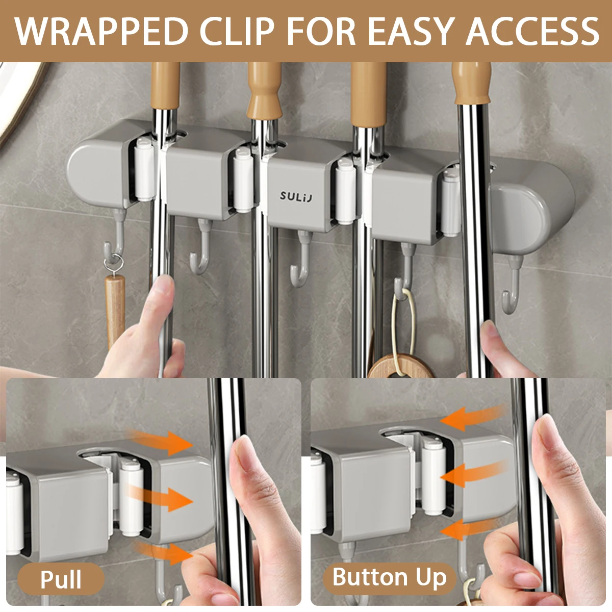 Broom Mop Holder with Hooks Wall Mounted Broom Storage Rack No Drilling Self-Adhesive Mop Broom Organizer for Bathroom