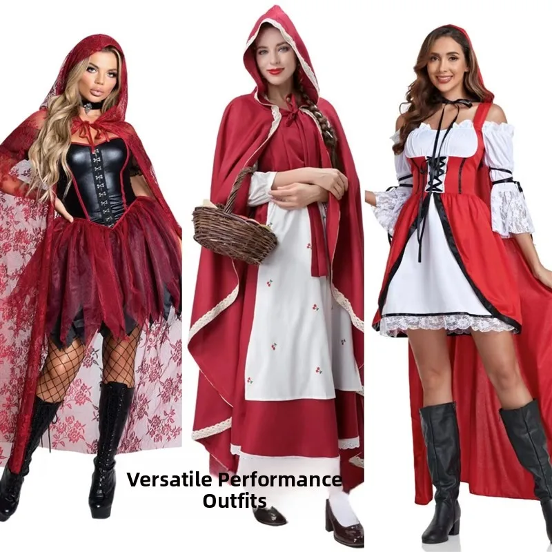 

Princess Red Cap Cosplay Costume Witch Dress Robe Long Skirt Halloween Servant Farmwear Women's Traditional Ethnic Stage Costume