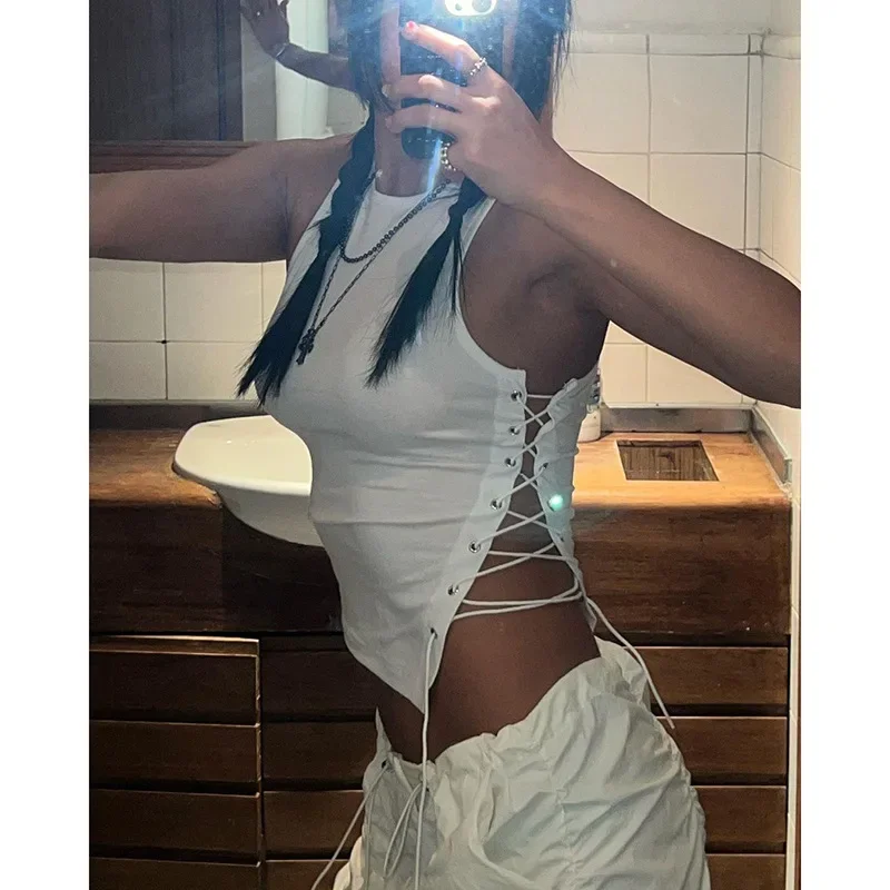 

Кроп-топ BoozRey Y2K Женский Повседневный, модный ажурный облегающий жилет без рукавов, крутая уличная одежда для девушек, винтажные майки