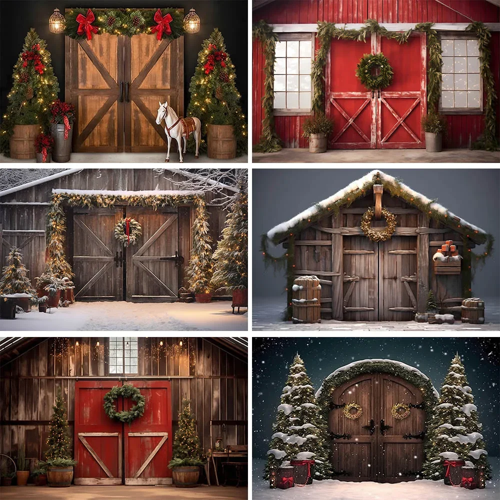 

Wooden Door Snow Winter Christmas Photography Backdrops Xmas Tree Wreath Wood House Child Portrait Background Photocall