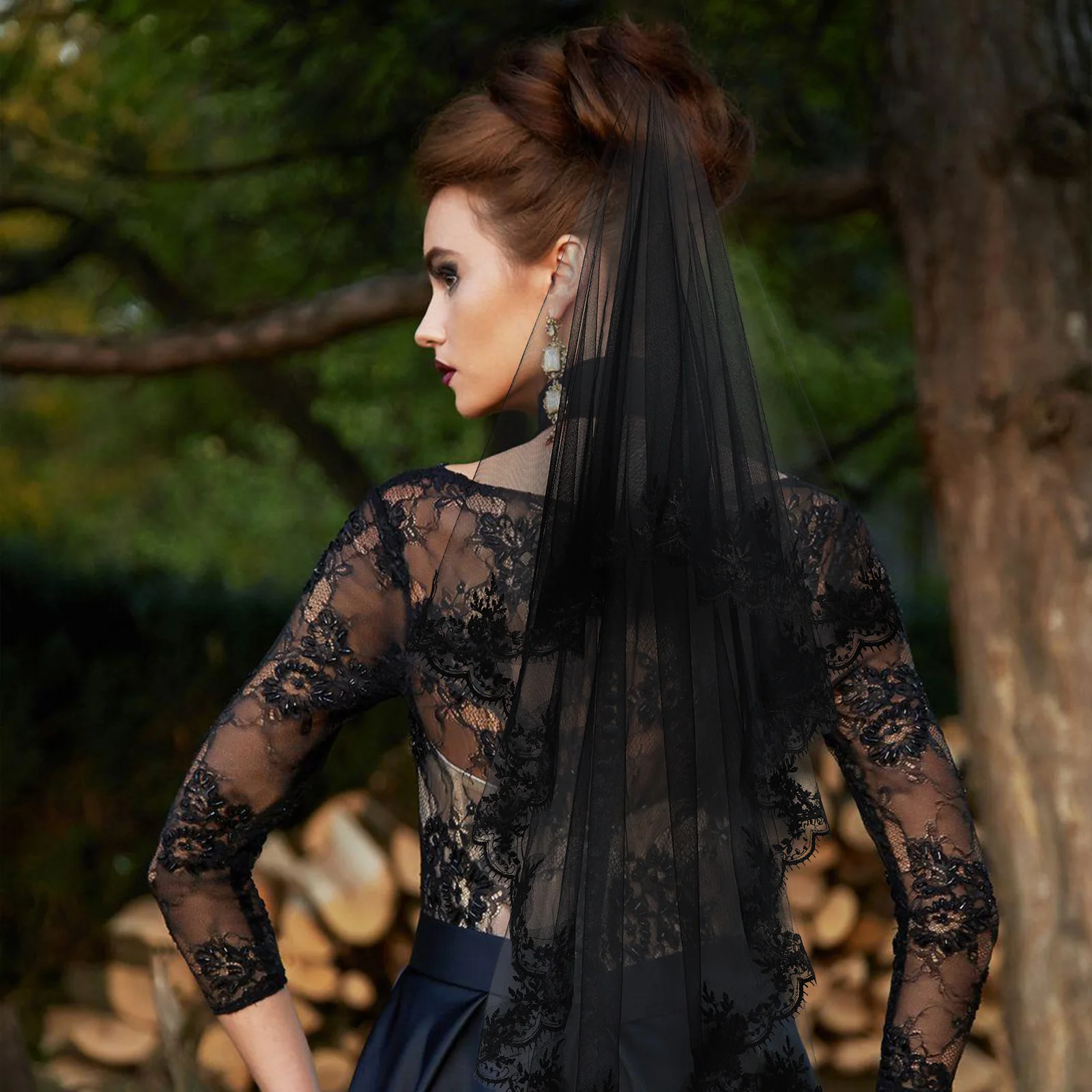 

Black Lace Veil Headband Double Layer Embroidered Halloween Wedding Bridal Accessory Party Masquerade Cosplay Funeral