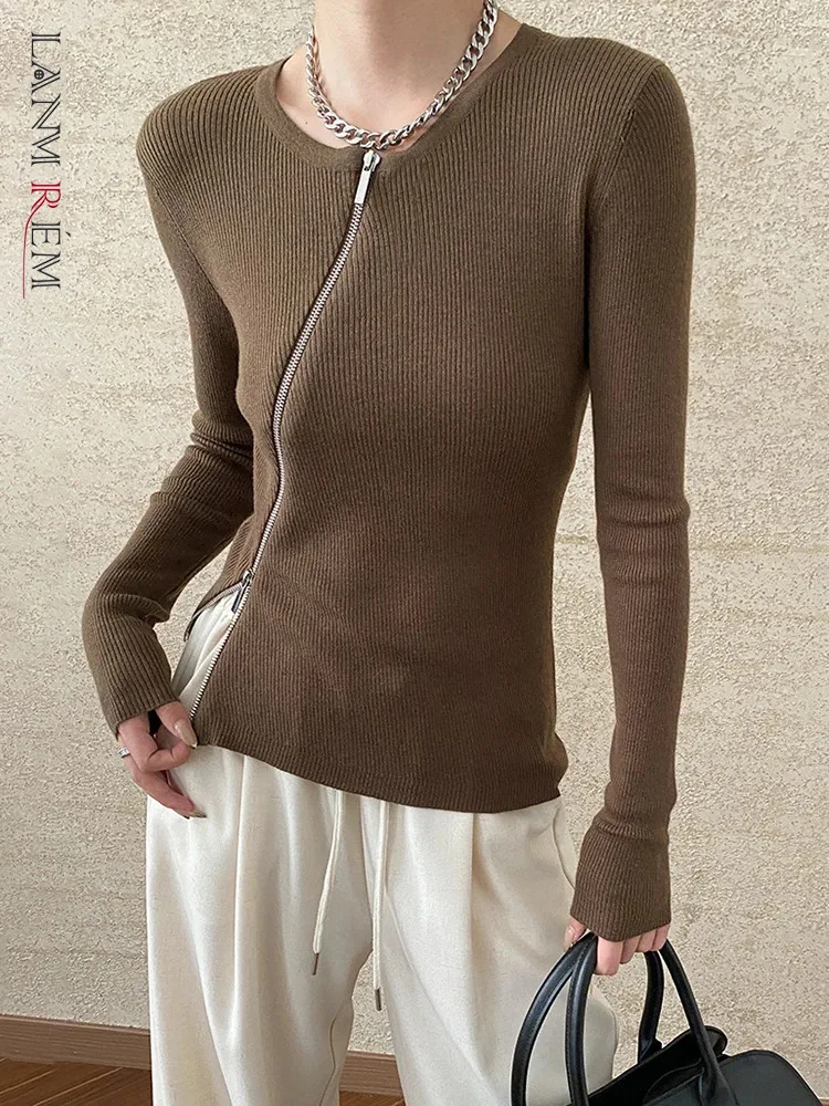 

[LANMREM] Asymmetric Double Zipper Design Slim Sweater For Women Round Neck Long Sleeve Bottoming Top 2025 Spring New 26C625