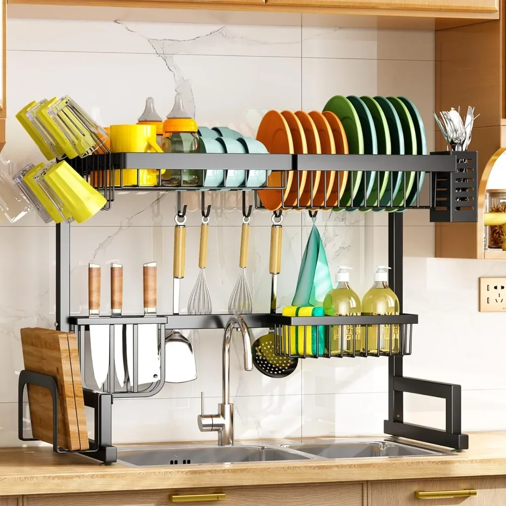 Over The Sink Dish Drying Rack, Adjustable Large Dish Drying Rack for Kitchen Counter with Multiple Baskets Utensil