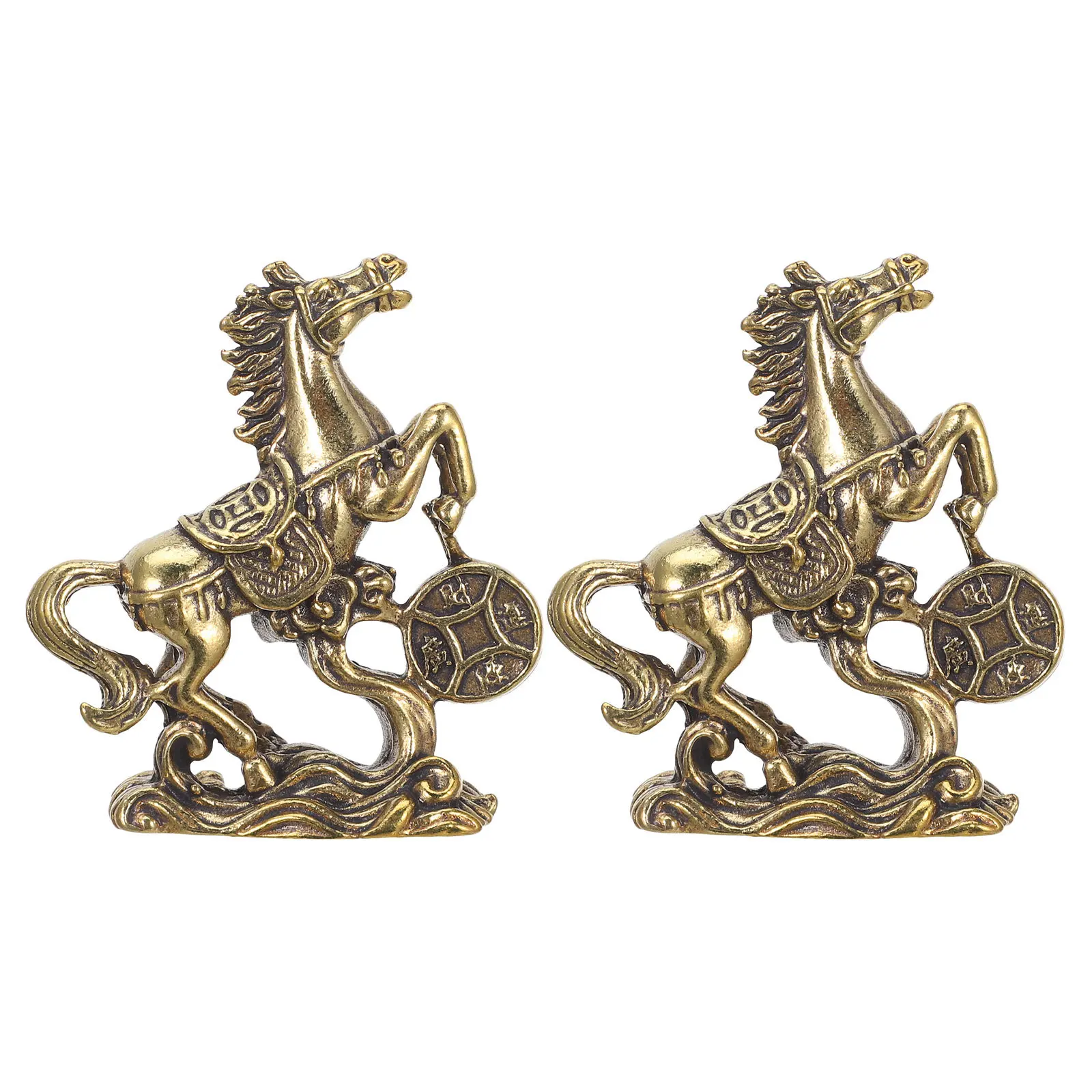 

2Pcs Chinese Zodiac Horse Sculpture - Brass Crafted Fortune Enhancing Decor for Home Office Desk Feng Shui Tabletop Miniature