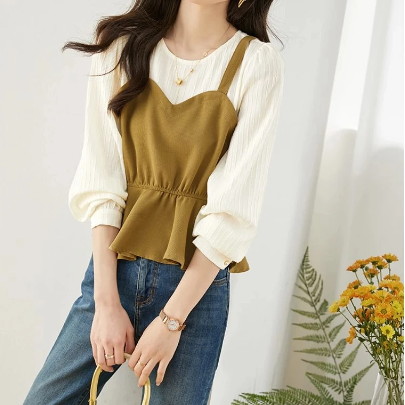 التباين كم طويل الكشكشة وهمية قطعتين مزاجه بلوزة ربيع الخريف قميص أنيق بلايز موضة مكتب النساء الملابس #5