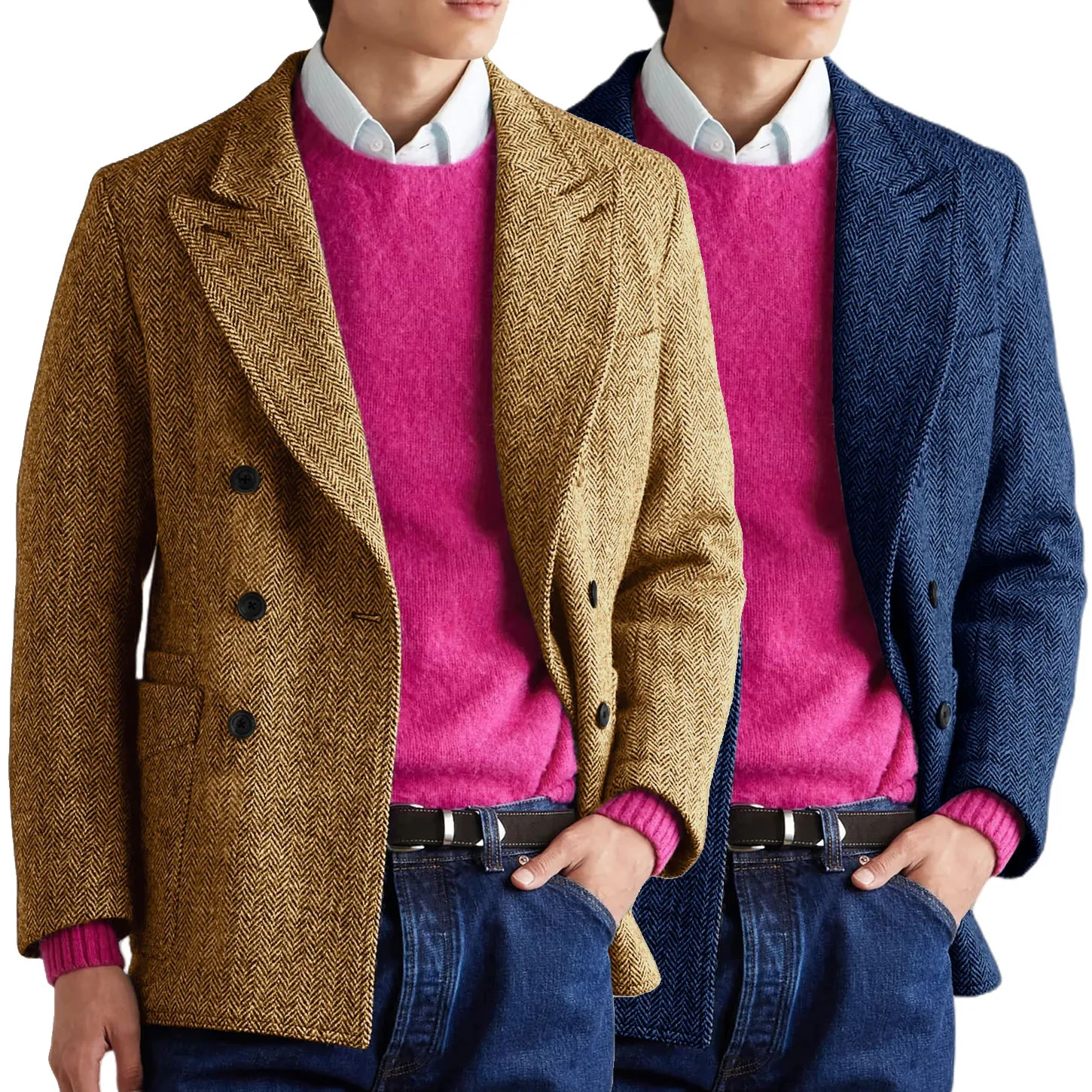 イタリアンスタイル メンズ ヘリンボーン ブレザー スリムフィット ダブルブレスト カジュアル 快適 ファッションジャケット ヴィンテージ カスタム アウターウェア