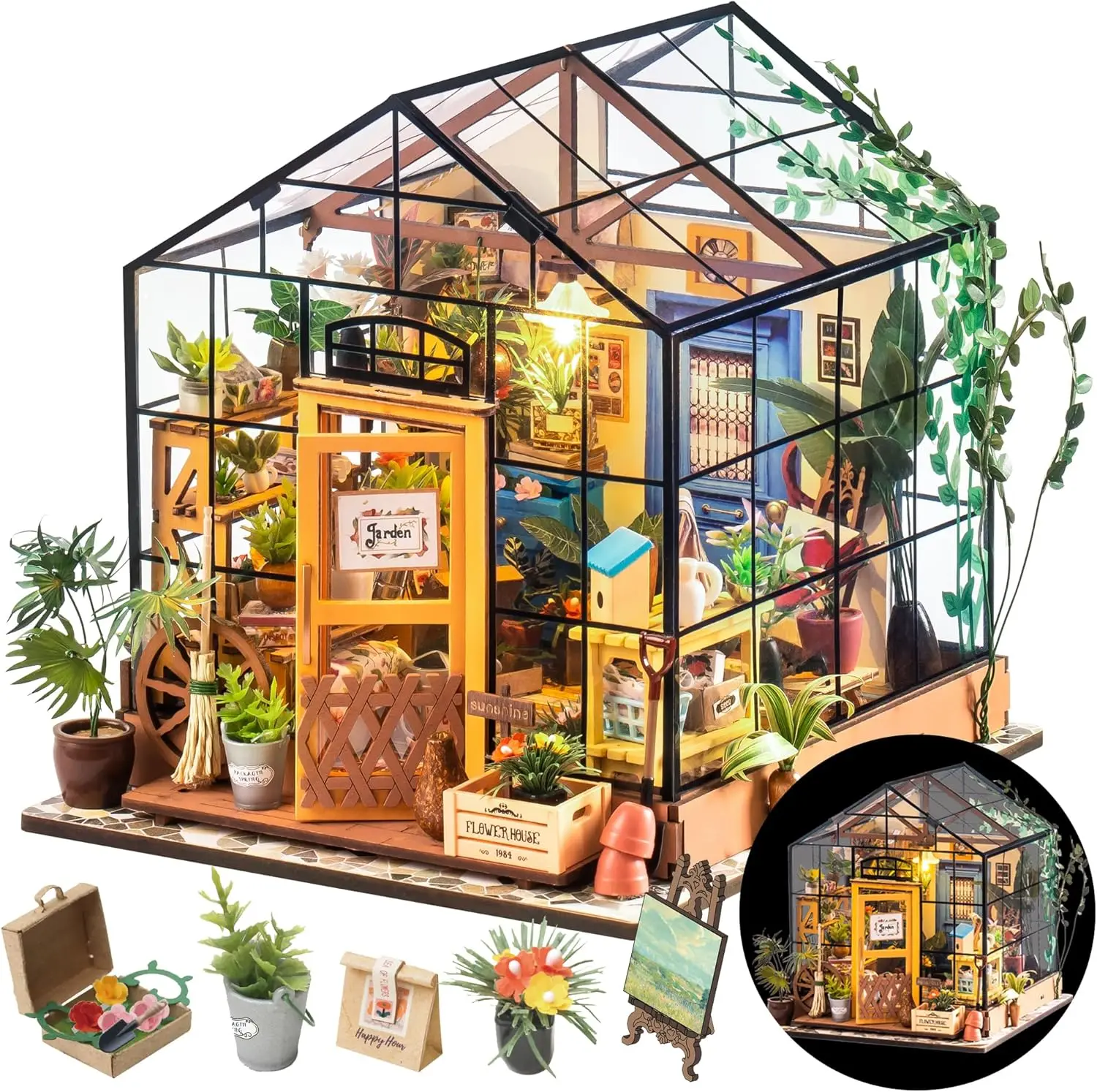 

DIY Miniature Greenhouse Kit with Furniture for Adults, Halloween Christmas Decorations and Gifts