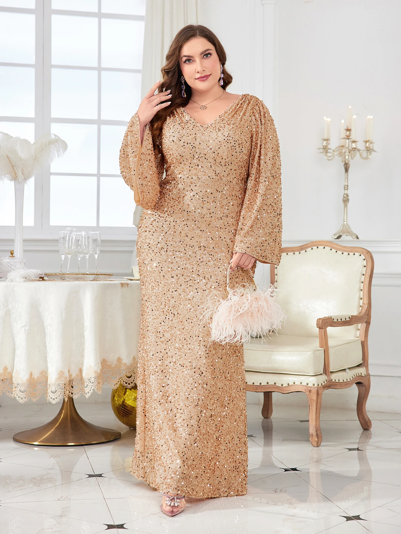 Unithorse Plus Size Women\'s V-neck Sequin Long Sleeve Formal Evening Dress