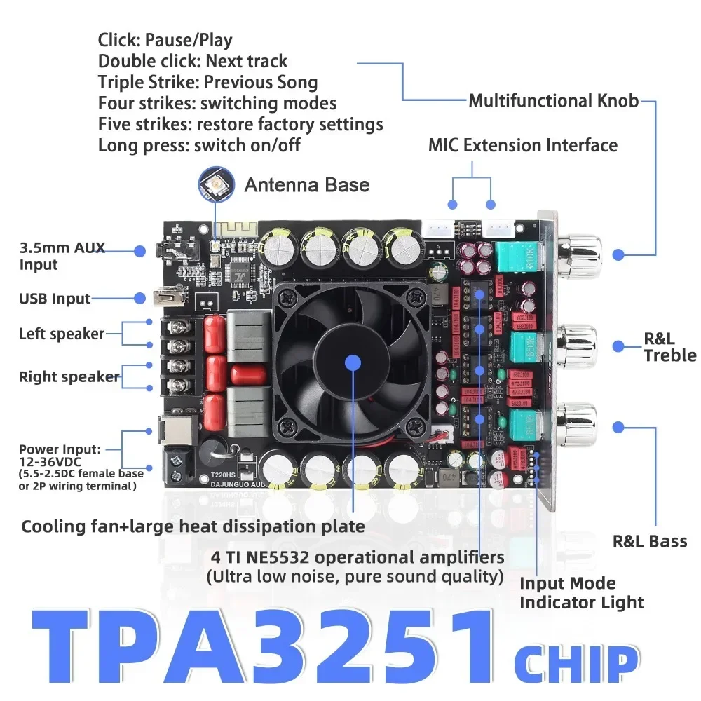 T220H 220W * 2 ไข้ระดับ Lossless BT เครื่องขยายเสียงโมดูลสเตอริโอสูงและต่ําความถี่ปรับ Tpa3251