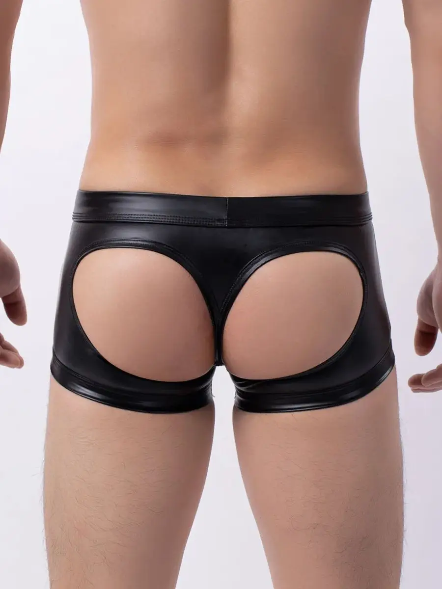 

M-XXL Faux PU Leather Convex Pouch Men Boxer Briefs Hollow Out Butt Sexy Underwear Calzoncillos Boxershorts Ropa Trunks Bokserki