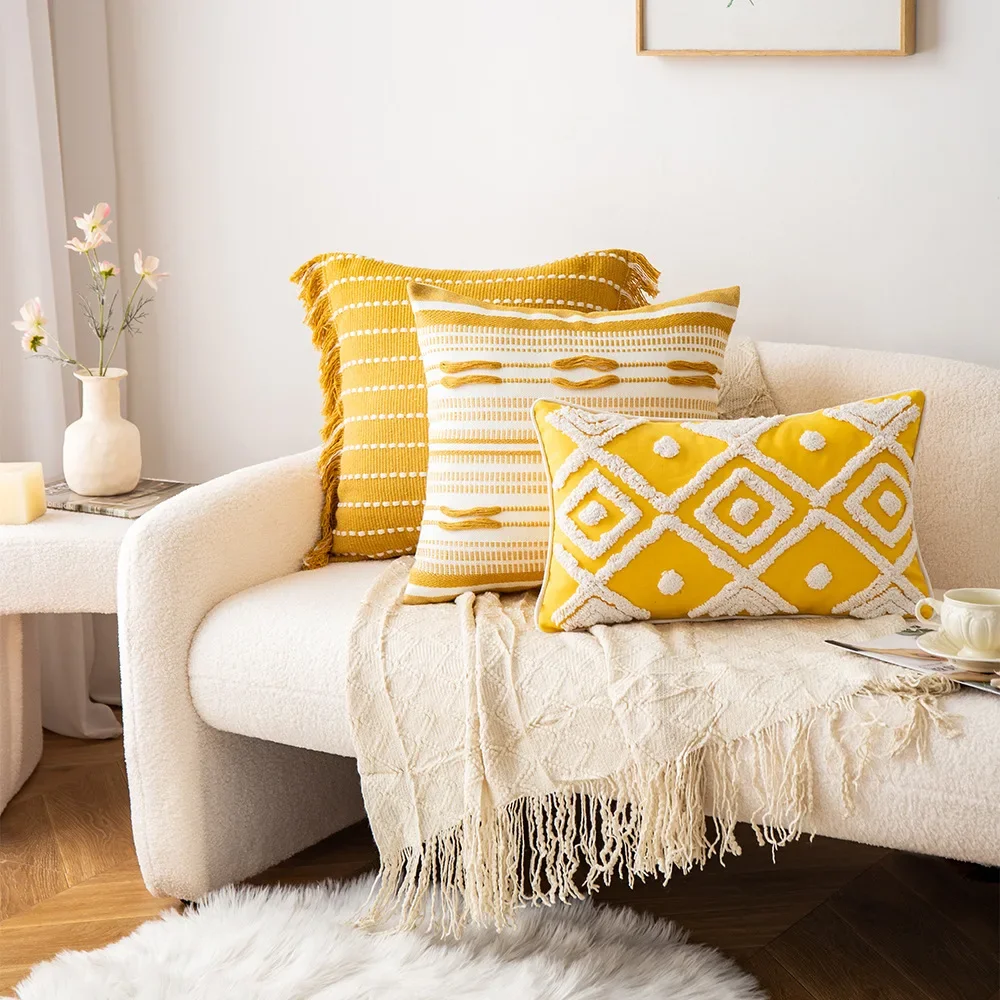 

Nordic Yellow Striped Crochet Cushion Cover Geometric Tufted Tassels Pillow Cover Decorative Home Decorative Cushions for Sofa